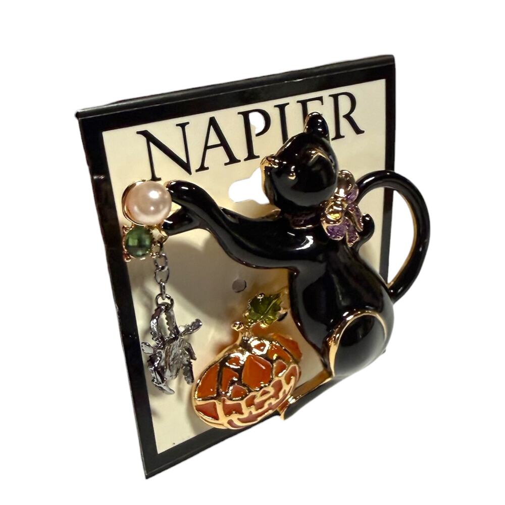 NAPIER Black Cat Pumpkin Halloween Brooch Enamel Spider Charm New in Box Figural - Picture 3 of 4